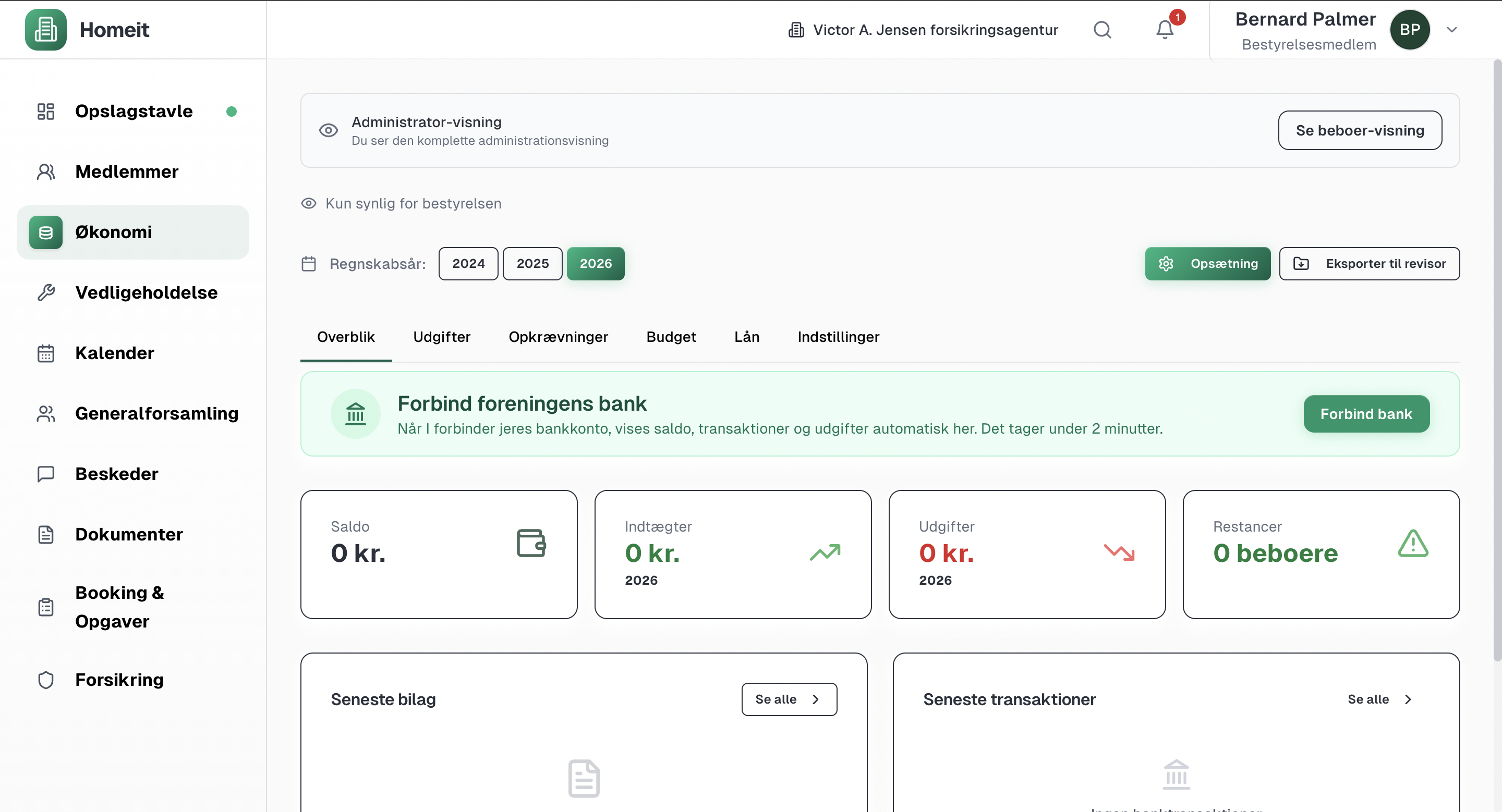Homeits &oslash;konomimodul med overblik over foreningens budget og f&aelig;llesudgifter
