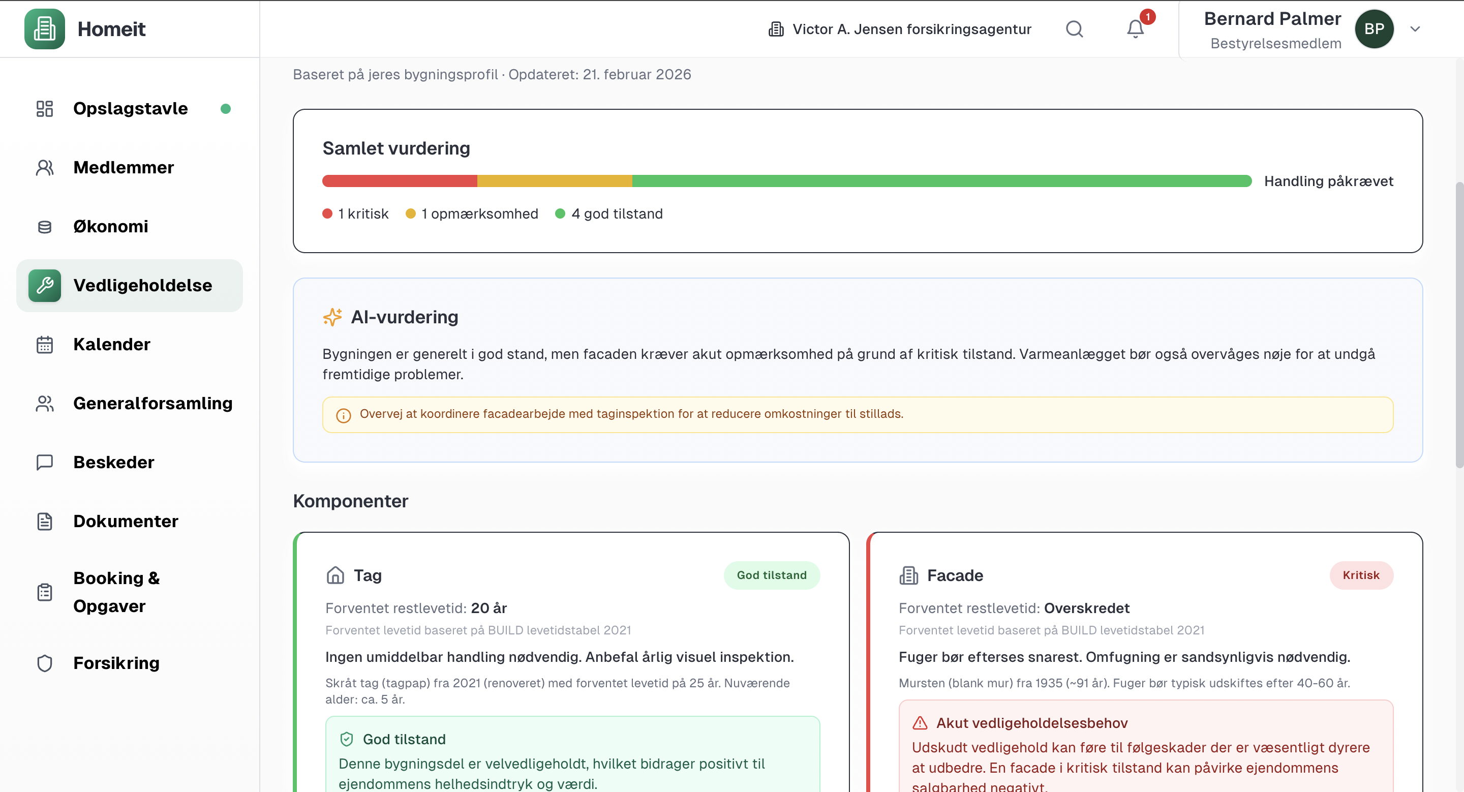 Vedligeholdelsesmodulet i Homeit med tilstandsvurdering og planlagte opgaver